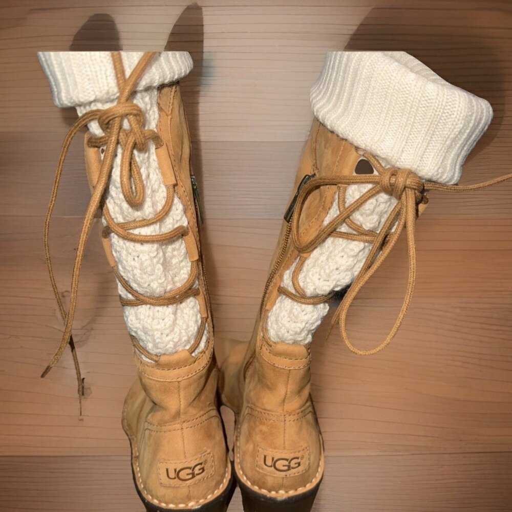Ugg Skylar Wedge Tan Leather Back Lace Up Knit Sweater Zip Up Boot Size 7 - Picture 6 of 11